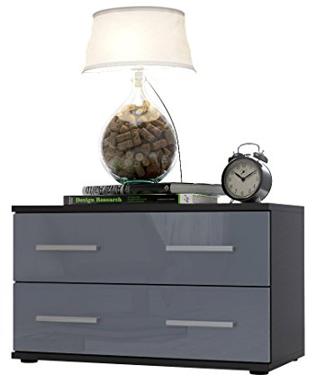 Vladon Nachttisch Nachtkonsole Kioto, Made in Germany, Korpus in Schwarz matt/Front in Grau Hochglanz