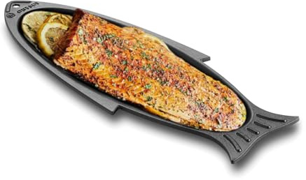 Outset Cast Iron Fish Grill and Serving Pan, 18.9 x 7.28 x 0.98 inch BBQ and Oven Safe Fish Cooking Pan