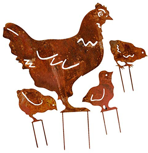 aubaho Set 4-teilig Gartenstecker Beetstecker Huhn Küken Eisen Rostig Antik-Stil 48cm