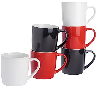 Argon Tableware Tea Coffee Mugs - 6pc Contemporary Coloured Ceramic Cups Set - 350ml - Black Red White