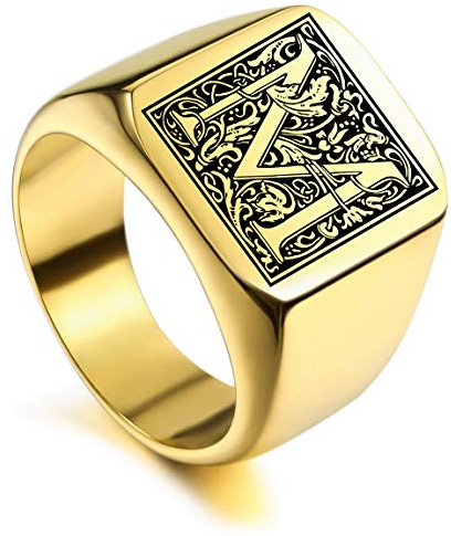 VIBOOS Benutzerdefinierte gravierte Initiale Monogram Signet Ring für Männer Frauen Jungen Herren Ringe Edelstahl, Bündel mit Ringgrößeneinstellern (Gold Farbe)