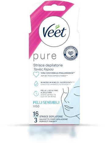 Veet Pure Strisce Depilatorie Viso Ipoallergeniche, Ceretta Baffetti e Viso, Dermatologicamente Testate, 16 Strisce (8x2 Strisce)