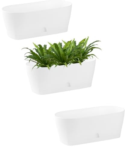 Engelland - 3 x Blumenkasten mit Untersetzer, Weiß, Balkonkasten, Pflanztopf, 25 cm, Tischdeko, für Garten, Terrasse, Fensterbank, mit Wasserauffangschale, Innen- & Außenbereich, 1,7 Liter
