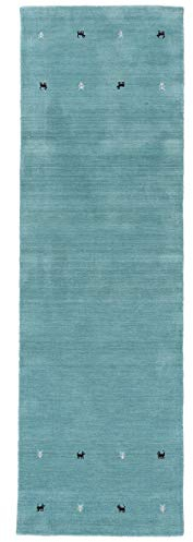 carpetfine Wollteppich Gabbeh Uni Läufer Türkis 80x400 cm | Moderner Teppich für Wohn- und Schlafzimmer