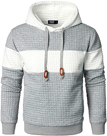 HOOD CREW Men’s Sweatshirts Long Sleeve Pullover Patchwork Plaid Jacquard Hoodie Casual Drawstring Hoody Top
