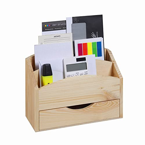 LOCALIS Organiseur de bureau - Avec tiroir - En pin - 2 compartiments - Cloison amovible - Porte-documents - 25 x 10 x 20 cm (L x l x H)