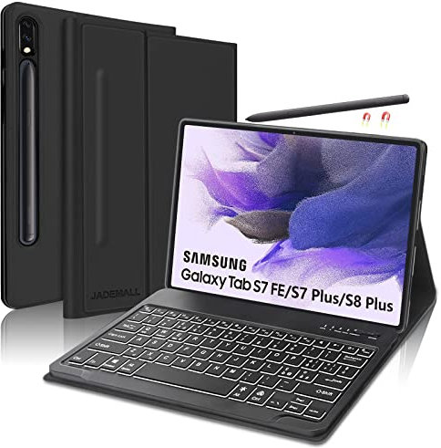 JADEMALL Custodia Tastiera per Samsung Galaxy Tab S7 FE/S7+ Plus/S8+ Plus 12.4, Cover Tastiera Retroilluminata Bluetooth Staccabile con Portapenne S Pen holder, Layout Italiano QWERTY, Nero