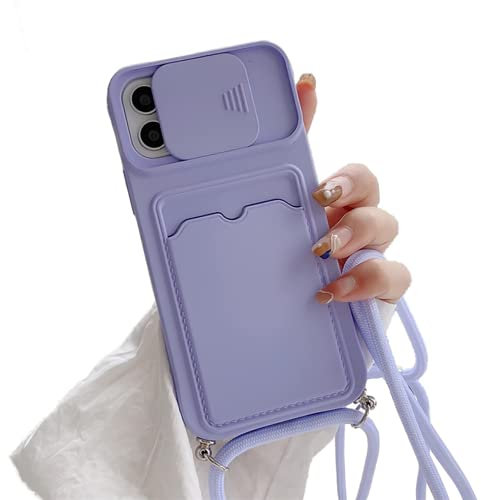 Emlivi Coque pour iPhone 12 Mini avec de Collier, Coque Silicone TPU avec Porte-Cartes, Protection de l'appareil Photo Case Réglable Collier Cover Compatible avec iPhone 12 Mini, Violet
