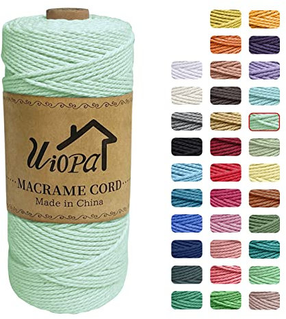 Uiopa Corde Macramé 2mm x 200m, Ficelle Macramé 3-Ply Corde Coton, Fil Macramé de Tressée DIY pour Cintres de Plantes Tentures Murales Jardinage Décoration Bohème (Vert Clair)