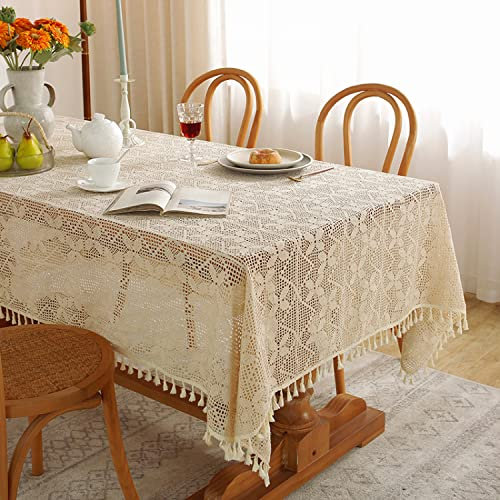 Freyamy Tischdecke Handarbeit Gehäkelte Aushöhlen Schmetterling Tischdecken mit Quaste Baumwolle Leinen Tischwäsche Vintage Häkelspitze Tischtuch Tischbedeckung Tischdekoration (140x220cm)