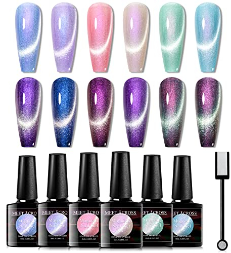 MEET ACROSS Gel Nagellack Cat Eye Magnet Set - Meerjungfrau Glitter Magnetisch Gellack Shellac UV LED Licht Magic Kit Mit 1 Magnet 6 Nagelgel Farben