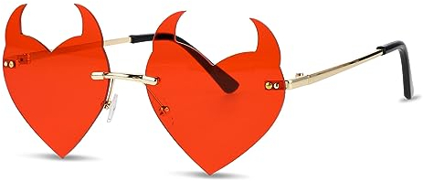 WLLHYF Halloween Teufelshörnern Sonnenbrille Damen Retro Teufelsherz Hippie Sonnenbrille Randlos Candy Transparente Sonnenbrille Rave Herz Brille für Party Festival Dekoration (Rot Stil 2)