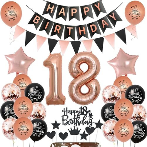 Palloncini decorazione 18 anni compleanno ragazza Nero Oro Rosa, palloncini 18 anni compleanno ragazza decorazione compleanno 18 anni ragazza decorazione torta 18 anni compleanno ragazza Oro Rosa