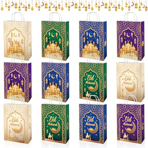 Lets Joy 12 Stück Eid Mubarak Geschenktüten, Eid Mubarak Papiertüten, Ramadan Eid Geschenktaschen, Papiertüten Eid Ramadan, Eid Taschen Geschenktüten, Islamische muslimische Partyzubehör