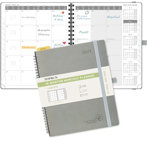 POPRUN Kalender 2025 Monatsplaner A4 (Jul.2024 - Dez.2025) - 18 Monate Monatskalender Ringbuch 26,5 x 21,5 cm - 1 Monat 4 Seiten, Softcover mit PU-Leder, 100 GSM Papier - Grau