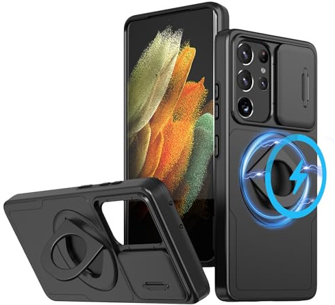LXHGrowH Coque pour Samsung Galaxy S21 Ultra 5G Protection Caméra Noir | Housse Antichoc Militaire Protecteur Armor avec [360°] Support de Rotation, Protection de la Caméra, Compatible avec MagSafe
