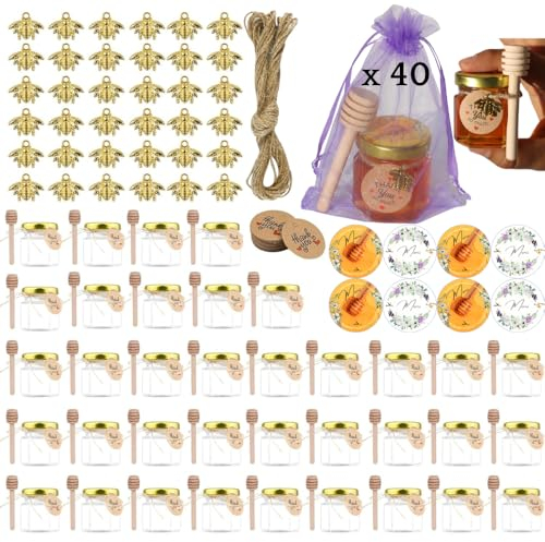 Best Bee Pack de 40 Mini Pots de Miel en verre et Étiquettes Autocollantes Merci en français, Cuillères en Bois Et Pochettes, Parfaits Pour Cadeaux Invités Mariage, Baptême, Anniversaire, Baby Shower