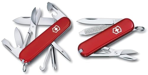 Victorinox Super Tinker, Swiss Army Knife, Medium, Multi Tool, 14 Functions, Blade, Bottle Opener, Red & Classic SD Swiss Army Knife, Small, Multi Tool, 7 Functions, Scissors, Nail File, Red
