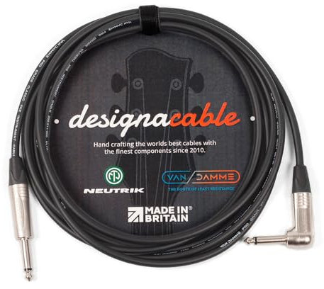 designacable.com 4m - Black Unbalanced Straight to Angled Jack Guitar Lead - Handmade in the UK using Van Damme XKE instrument cable & Neutrik NP2X & NP2RX 1/4 Mono Jacks.