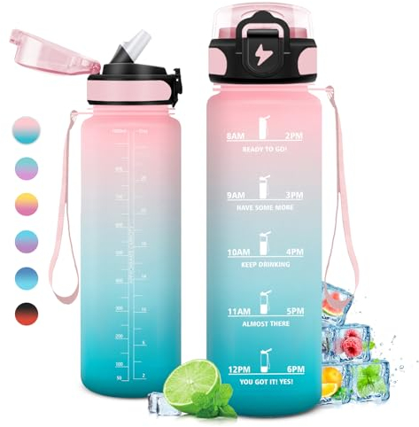 Gourde 1L, Gourde Sport, Gourde avec Paille Réutilisable Réutilisable, Bouteille d'eau avec Marqueur de Temps, Water Bottle pour Adulte, l'école, Cyclisme, Voyage, Camping, Fitness, Yoga, Bureau