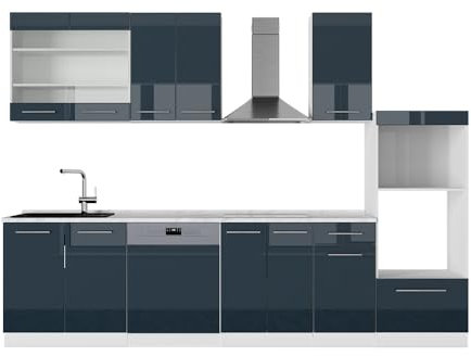 Vicco Küchenzeile Fame-Line, Dunkelblau Hochglanz/Weiß, 300 cm mit Hochschrank, ohne Arbeitsplatte