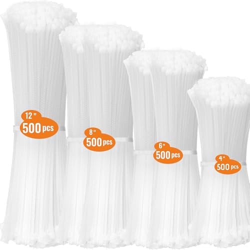 Hosuni 2000 Pack Cable Ties White, 100/150/200/300mm Zip Ties Set, Heavy Duty Nylon Cable Ties for Cable Management, Home, Garden, Office and DIY (500 Pack Per Size)