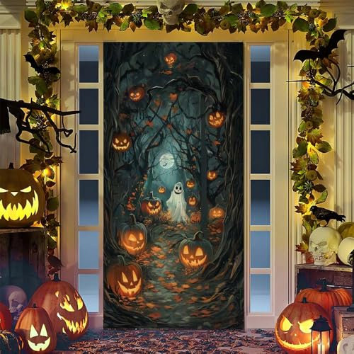 Hiseng Bannière de Porte Halloween Décorations, Happy Halloween Horreur Couverture de Porte pour Décor de Fête d'halloween Maison Front Door Porche Veille d'halloween (Forêt,90x200cm)