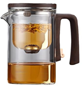 Enchantipot Glas-Teekanne mit Infuser, Magische Wassertrennung Teekanne, Holzgriff, Hitzebeständiges Borosilikatglas, Mit Sieb (520 ML,Transparent)