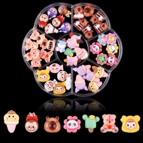 COOSLIM Kawaii Nagelanhänger, Schleim-Charms, Großpackung mit Tiermotiven für Acrylnägel, niedliche flache Rückseite, Kunstharz-Anhänger für Bastelarbeiten, Ornamente, Scrapbooking, 42 Stück