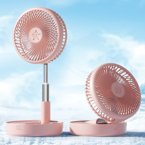 Primevolve Ventilateur à piles, portable, rechargeable par USB, ventilateur de bureau avec hauteur réglable, 4 réglages de vitesse, ventilateur sur pied pour chambre à coucher, camping, voyage, rose