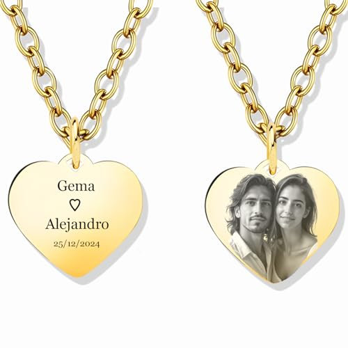 LUTTO Collar con foto, Collar personalizado, Colgante personalizado, Colgante con foto y texto Grabado, Chapas de identificación, Medalla de Acero, Corazón, Pergamino (Corazón dorado 20mm)