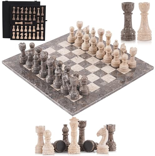 SPESHSTONES Marble Chess Set for Adults 38 cm Handmade Oceanic and Travertine Chess Board Games with Storage Box, Travel Chess Game with Chess Pieces & 2 Extra Queens, Gifts & Home Décor