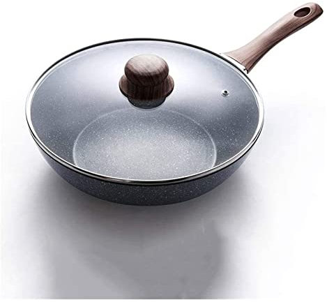 GSZCCZS Wok Cookery 28 cm Bratpfanne Bratpfanne Kohlenstoffstahl mit Deckelbratpfanne Gasherd Induktion Kocher Universal Pot Vision