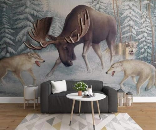 Forêt Cerf Loup Papier Peint 3D Intissé Bureau Salon Canapé Chambre Fond Décoration Murale-350cm×256cm