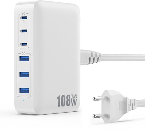 108W Chargeur USB C Multiple, 6 Ports GaN III Tech Chargeur Rapide Prise Station de Charge avec 3 PD & 3 QC Multiprise USB Station pour iPhone 16/15 Airpod iPad Huawei Sumsung Switch etc