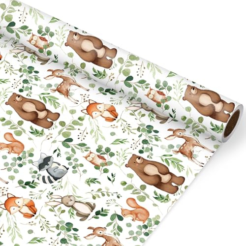 FYSUIMU Woodland Animal Geschenkpapier – Mini-Rolle – 43,2 cm x 100 cm, Waldtier-Eukalyptusblätter, Geschenkpapier für Urlaub, Geburtstag, Babyparty, Party