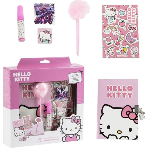 CERDÁ LIFE'S LITTLE MOMENTS Tagebuch Set Hello Kitty – Komplettset mit Tagebuch, Fuzzy Pen, Stickern und Schreibwaren-Zubehör