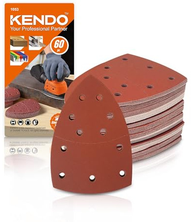 KENDO Schleifpapier Set 60-teilig- Klett für Dreieckschleifer – Deltaschleifer Schleifpapier jeweils 10x 40/60/80/120/180/240, Gr. 152x105mm oder 93x93x93mm- 11-Loch System - beste Standzeiten