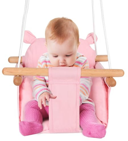 XANNI Altalena per neonati e bambini, seduta altalena interna in legno e cotone per bambini, baby swing, altalena scandinava per sviluppo vestibolare (rosa)