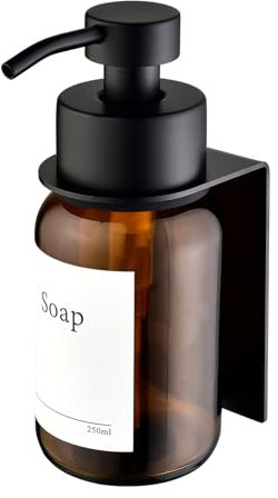 Glass Soap Dispenser, Wall mounted Soap Dispenser for Kitchen and Bathroom, Stainless Steel Pump Dispenser for Liquid Soap, No Drilling Required | 250 ml (Amber/Black)