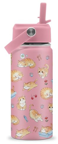 ROVOZAR Cat Water Bottle for Girls - 16oz Cat Stainless Steel Water Bottle with Straw - Cute Cats Insulated Cup - Pink Cats Kids Tumbler for School, Sports, Travel