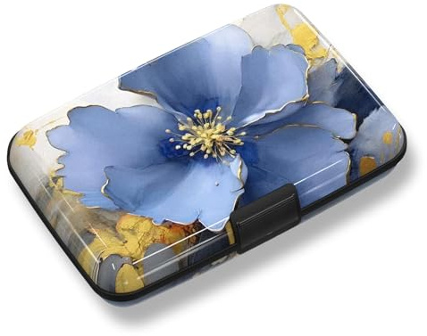 ToLuLu Porta carte di credito, mini portafoglio in alluminio piccolo RFID, blocco sottile per biglietti da visita in metallo, blocco RFID, tasca frontale, custodia rigida per uomini e donne, Fiori blu