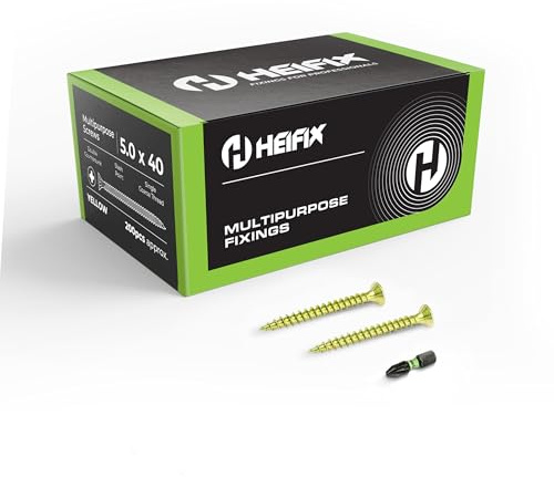 Heifix Multi-Purpose Pozi Wood Screws - 5 x 40mm, 200 QTY, FREE Screw Bit | Multi-purpose Wood Screws For Timber, DIY And General Fixing. Double Countersunk Pozi Design With FREE Matching Screw Bit.