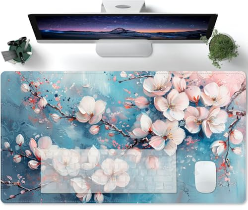 Desk Mat Large Blue Oil Painting with Pink Peach Blossoms Extended Large Mouse Mat Computer Keyboard Desk Pad with Anti-Slip Rubber Base Comfortable 600x300x3mm