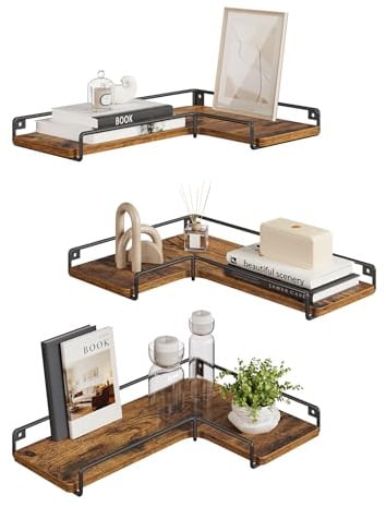 VASAGLE Estantes de Esquina en Forma de L, Juego de 3, Baldas Pared, Protecotor de Acero, Estilo Industrial, para Salón, Dormitorio, Cocina, Marrón Rústico LLS833KD01
