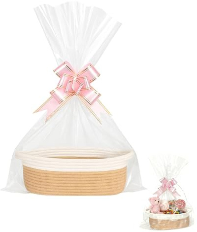 Geschenkkorb Leer,Geflochten Korb Geschenk mit Transparent Geschenktüten und Bändern,Aufbewahrungskorb für Ostern,Babyparty,Geburtstag,Hochzeit,Erntedank, Weihnachten (Khaki)