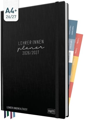 Häfft Lehrer-Planer Maxi 2026/2027 im A4+ Format Black Edition | Großer Lehrerkalender & Schulplaner für das Schuljahr 26/27 – Hardcover mit 4 Lesebändchen, Notenlisten & Stickern