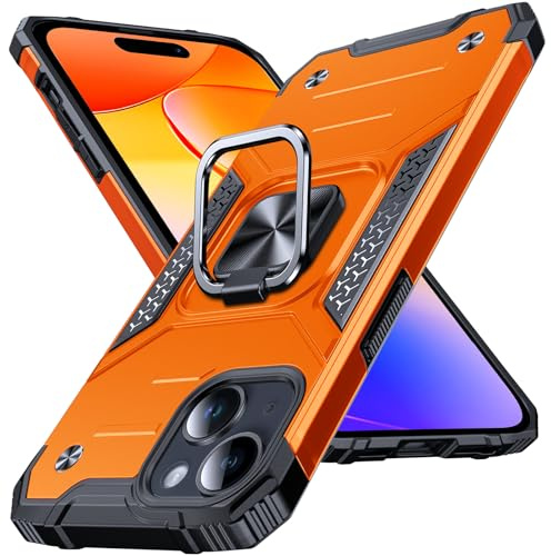 Anqrp Heavy Duty Case for iPhone 15 Case with Enhanced Ring Holder Grip Stand, Military Grade Shockproof Rugged Drop Protective Silicone Hard iPhone 15 Phone Case Cover, Orange