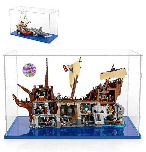 AAABOX Acryl Transparent Vitrine 65x25x40 für Lego Jaws 21350,Goonies 21363 | Einfach zu Installieren,Staubschutz,Blau Basis
