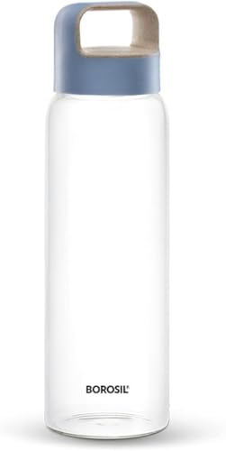 Nobel Borosil Glass Water Bottle, 750ml, Wide Mouth, Leakproof Borosilicate Glass, Microwave Safe (Blue Lid with Handle)